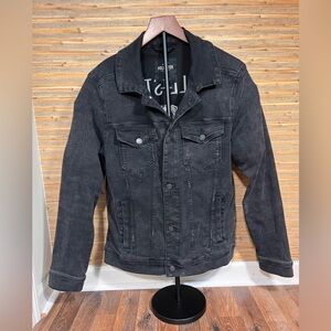 Hollister Black Denim Jacket with Embroidered Gray-White Roses